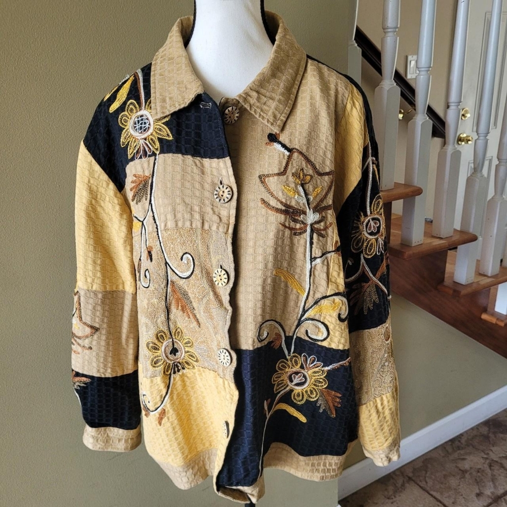 VTG Indigo Moon Sunflower Patchwork Tapestry Jack… - image 2